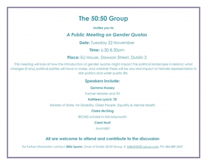 50:50 Group invites you to A Public Meeting on Gender Quotas